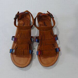 MINNIE TONKA Women's BOHO Brown Leather‎ Sandals Flats Aztec Fringe Size 6